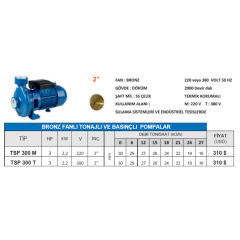 Nortek TSP 300 M Bronz Fanlı Tonajlı ve Basınçlı Santrifüj Pompa – 3 HP 220V / 2”