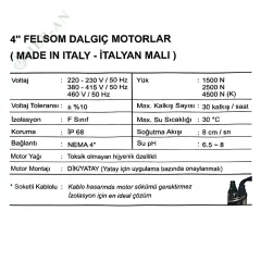 4'' Felsom Dalgıç Motor - İtalyan Malı Su Pompası Motoru | 0.75 – 10 HP